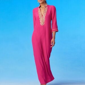 NWOT NICOBLU NOOR LONG FUCHSIA TUNIC DRESS WITH GOLD EMBELLISHMENT SIZE 4